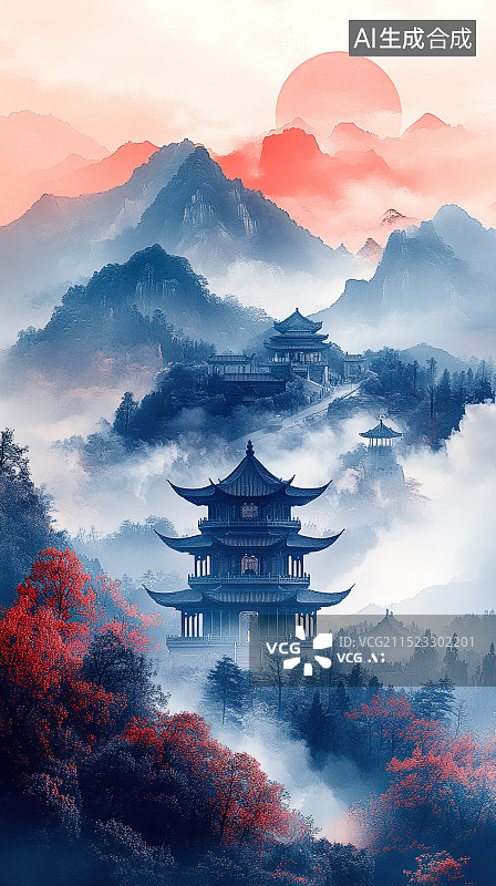 【AI数字艺术】云雾缭绕的中国古建筑图片素材