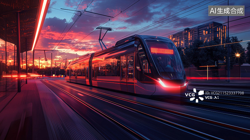 【AI数字艺术】日落时分现代城市电车站图片素材