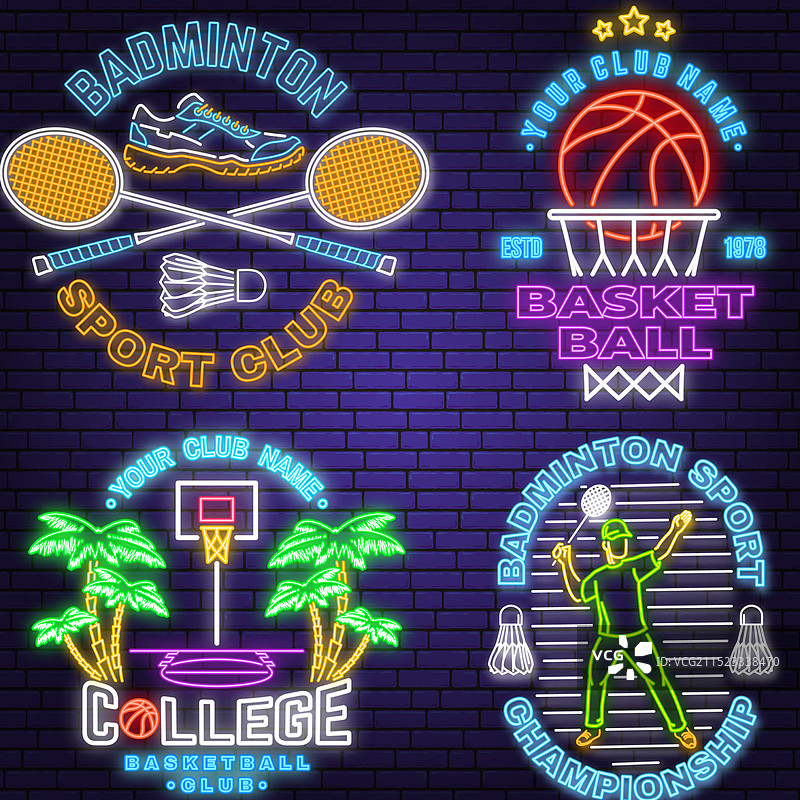 羽毛球运动霓虹灯标志合集图片素材