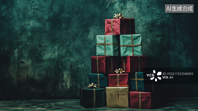 【AI数字艺术】圣诞礼物堆积成树图片素材