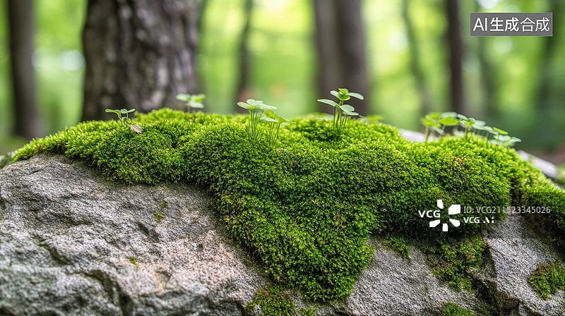【AI数字艺术】森林深处的阳光照耀的植物绿芽图片素材