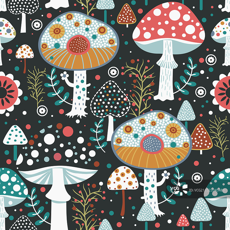 鲜花簇拥的彩色魔法蘑菇图片素材