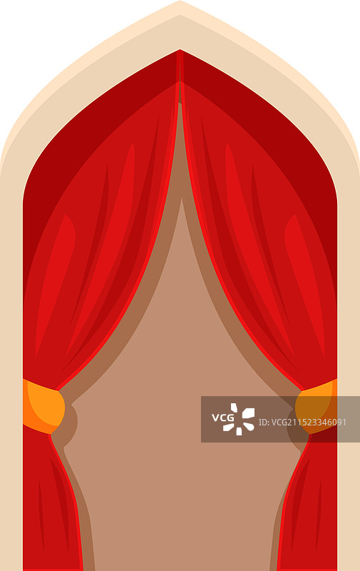 红色窗帘覆盖着拱形窗户图片素材