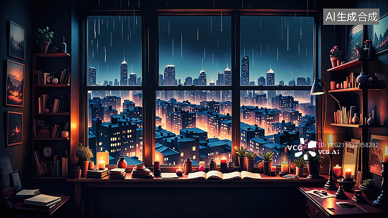【AI数字艺术】雨夜窗前的城市夜景图片素材