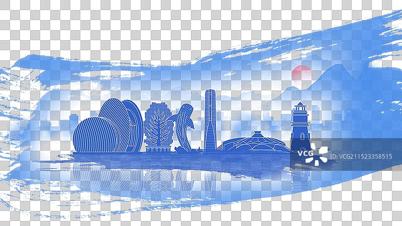 珠海蓝色国风水墨城市毛笔建筑水彩画城市图片素材