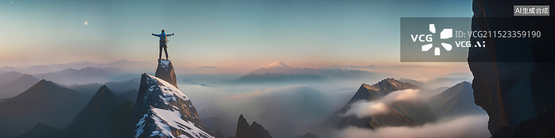 【AI数字艺术】登山者成功登顶壮观山峰图片素材