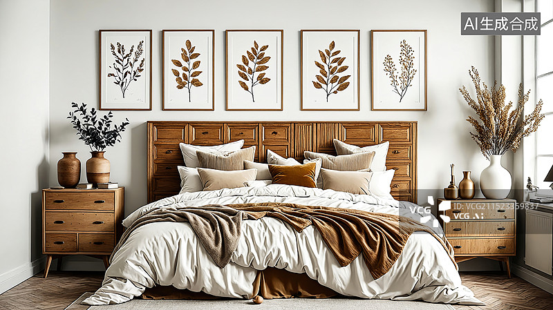 【AI数字艺术】现代卧室中的木质床头板设计图片素材