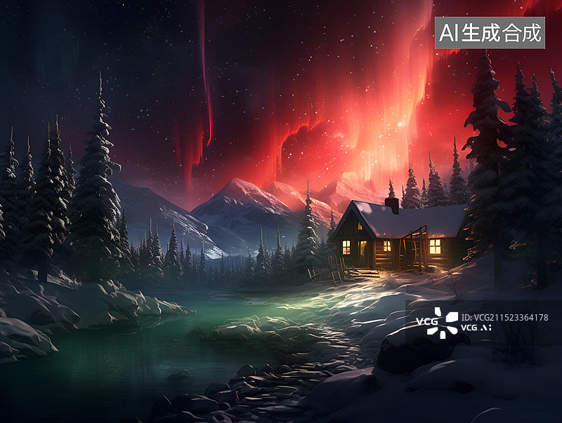 【AI数字艺术】红色极光下的小木屋图片素材