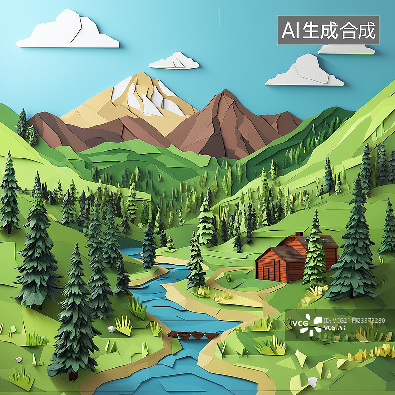 【AI数字艺术】四季的山村风景，山谷河流村庄的彩色插画，意大利乡村田园风光 剪纸浮雕艺术插画图片素材