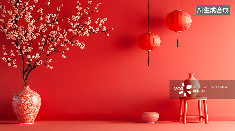 【AI数字艺术】中国古典元素红墙灯笼图片素材
