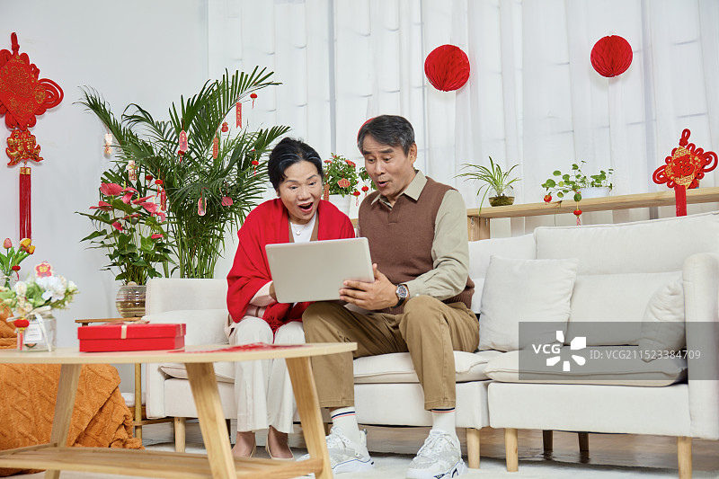 肩并肩分享笔记本电脑的老年夫妻图片素材