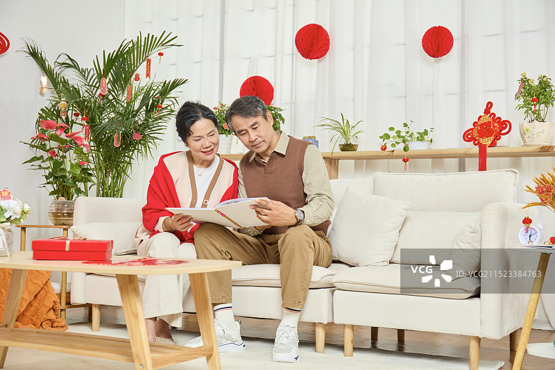 肩并肩坐在沙发上分享集邮册的老年夫妻图片素材