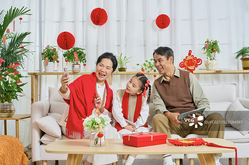 坐在沙上使用手机拍合影的祖孙三人图片素材