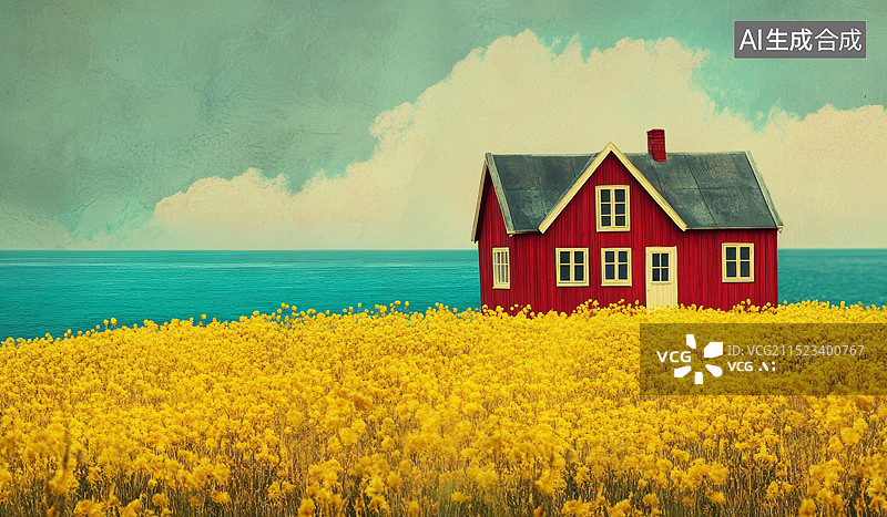 【AI数字艺术】一大片油菜花中有一间小小的红色木屋,旁边有个蓝色的湖图片素材