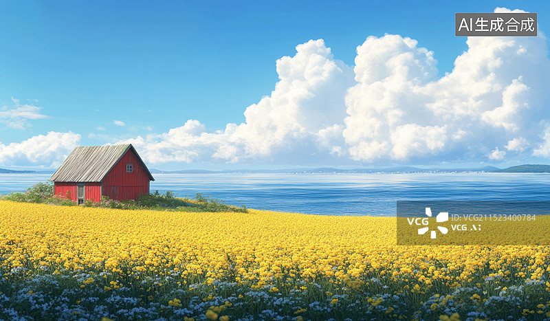 【AI数字艺术】一大片油菜花中有一间小小的红色木屋,旁边有个蓝色的湖图片素材