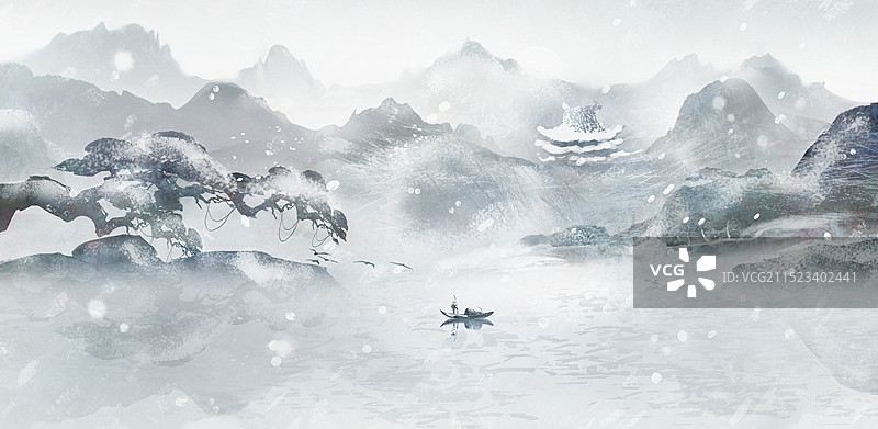 中国风冬天山水画 大雪古建筑背景插画图片素材