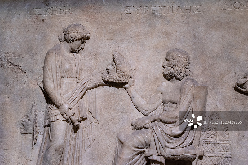 欧里庇得斯写作浮雕-罗马时期-土耳其伊斯坦布尔考古博物馆馆藏文物图片素材