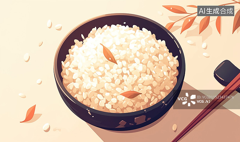 【AI数字艺术】一个黑色的碗装着大米，旁边放着筷子插画图片素材