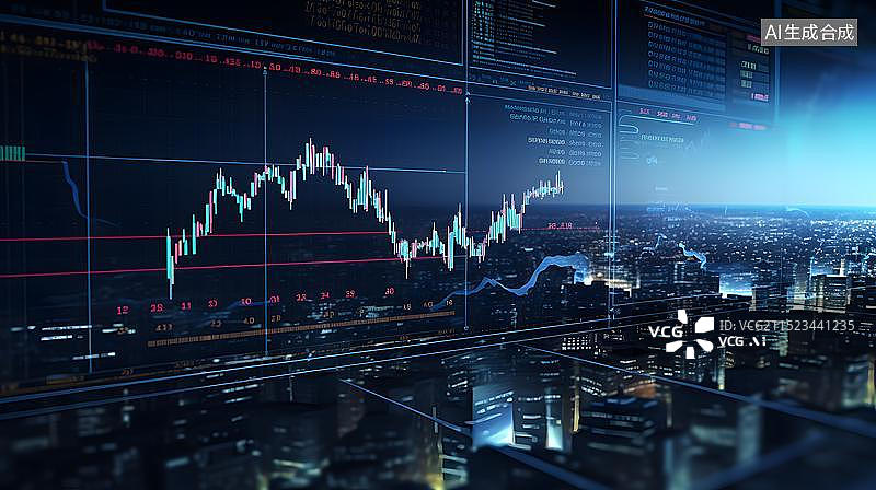【AI数字艺术】城市虚化夜景背景下的股票k线图股票走势图概念图片素材