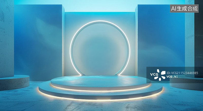 【AI数字艺术】浅蓝色背景和圆形环形灯的讲台的 3D 渲染。用于产品展示或促销的现代、极简模型舞台展示。工作室房间中图片素材