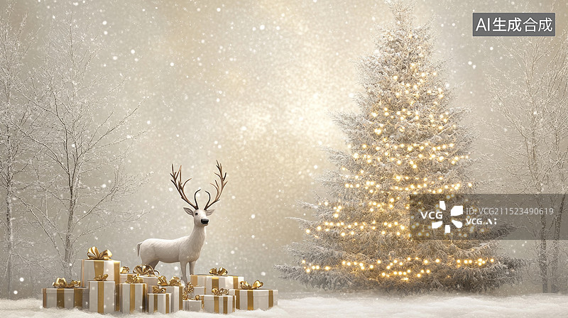 【AI数字艺术】雪地里的驯鹿，圣诞节题材图片素材