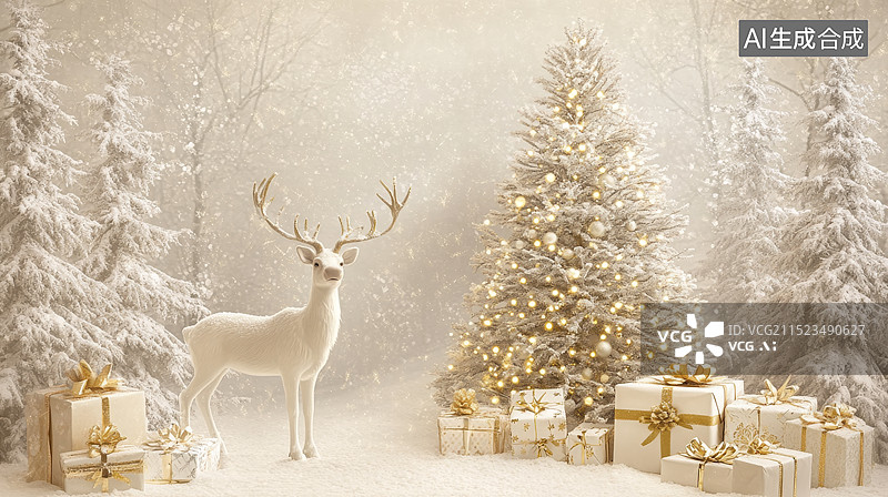 【AI数字艺术】雪地里的驯鹿，圣诞节题材图片素材