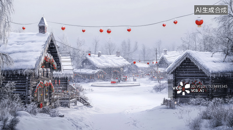 【AI数字艺术】东北雪乡里挂起的红灯笼图片素材