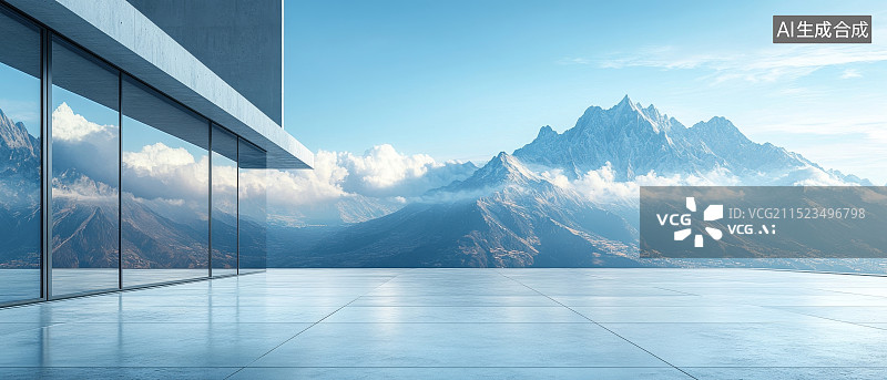 【AI数字艺术】现代简约别墅建筑与屋外干净无人的砖地路面，有干净明亮的天空背景图片素材