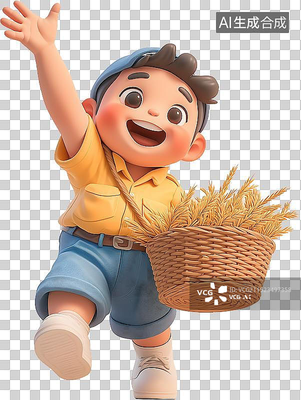 【AI数字艺术】男孩开心的抱着一筐麦穗图片素材