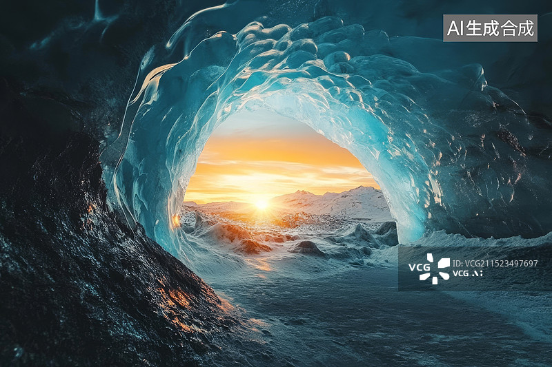 【AI数字艺术】蓝色冰洞插画图片素材