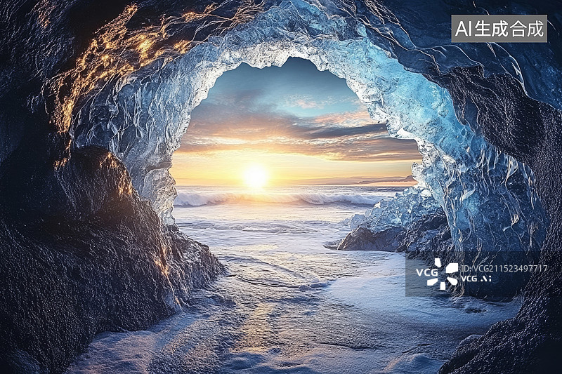 【AI数字艺术】蓝色冰洞插画图片素材