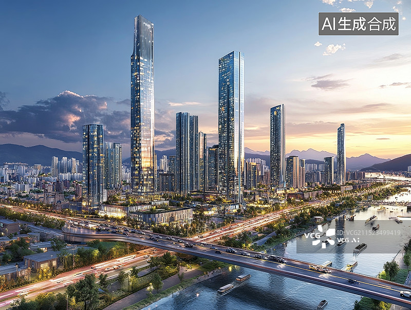 【AI数字艺术】夜幕下的繁华城市景观，灯光璀璨，高楼大厦与桥梁交相辉映图片素材