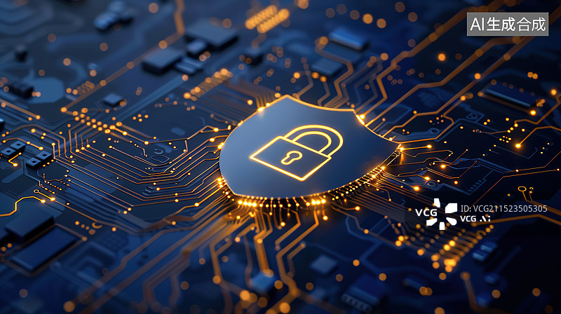 【AI数字艺术】芯片电路板背景下的网络安全锁图片素材