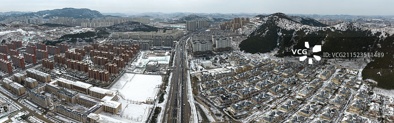 山东济南城市住宅区雪景航拍图片素材