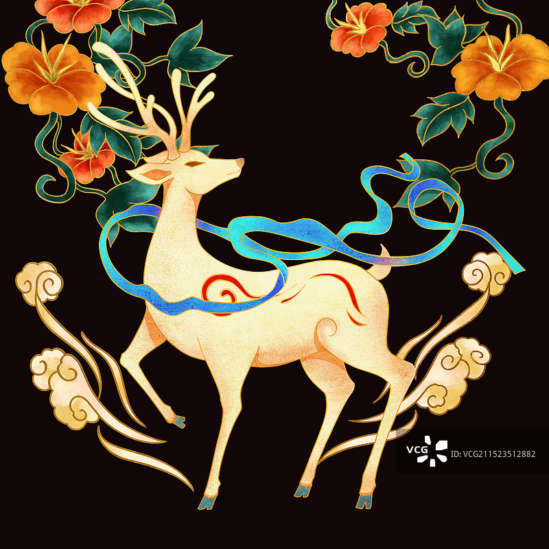 中国国潮鹿插画-002图片素材