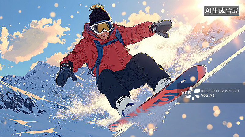 【AI数字艺术】一个卡通风格的插图，一个踩着单板雪橇的年轻男孩在高山雪地上往下滑图片素材