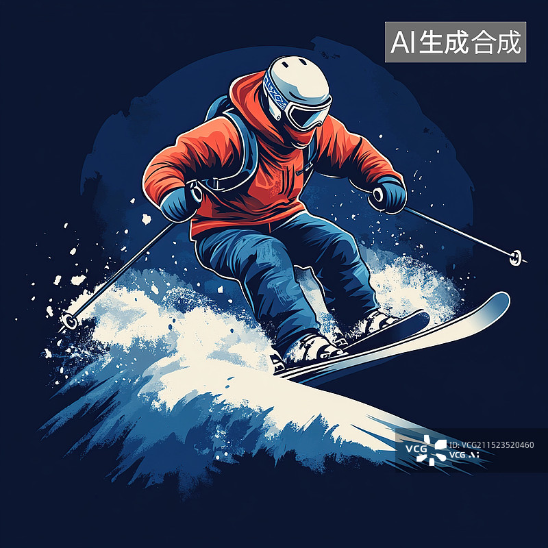 【AI数字艺术】一个矢量设计，一个滑雪者在行动，在贴纸风格的蓝色背景图片素材