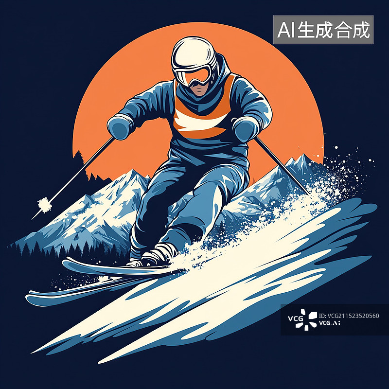 【AI数字艺术】一个矢量设计，一个滑雪者在行动，在贴纸风格的蓝色背景图片素材