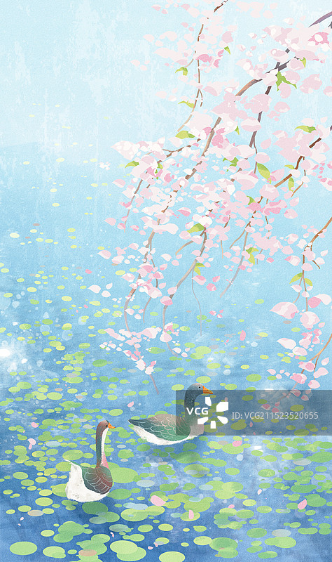 插画风景春天花枝大鹅图片素材