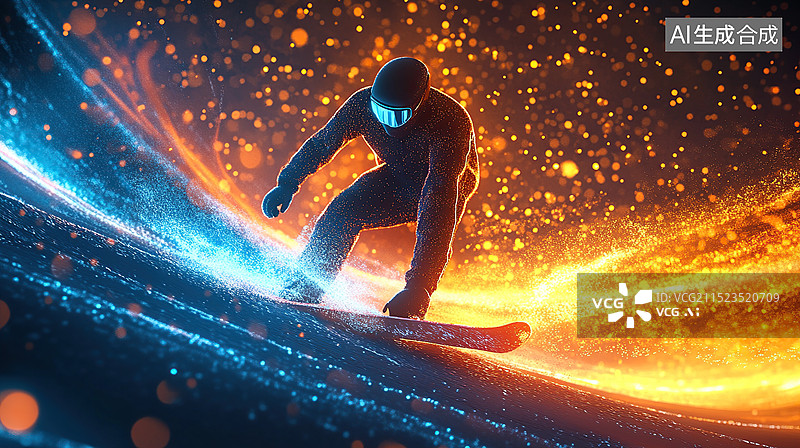 【AI数字艺术】金色和蓝色的未来主义滑雪者的数字艺术，从抽象的山波侧面滑行图片素材