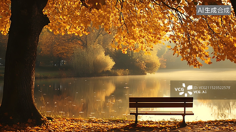 【AI数字艺术】秋天公园里空荡荡的长凳图片素材