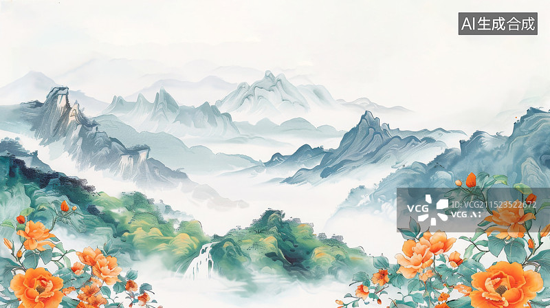 【AI数字艺术】山水画，远处可见淡蓝青山，水彩风格，线条简洁图片素材