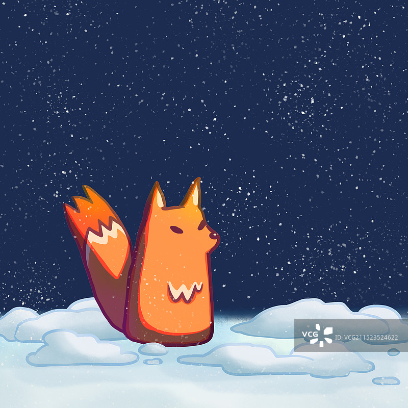 夜晚雪地上的狐狸卡通插画图片素材