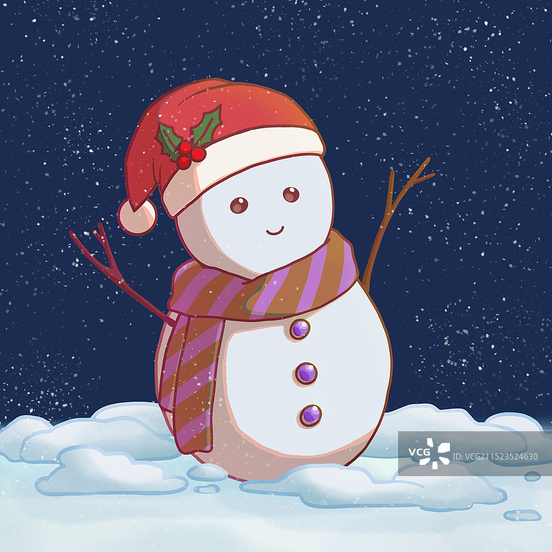 夜晚雪地上的圣诞帽雪人卡通插画图片素材