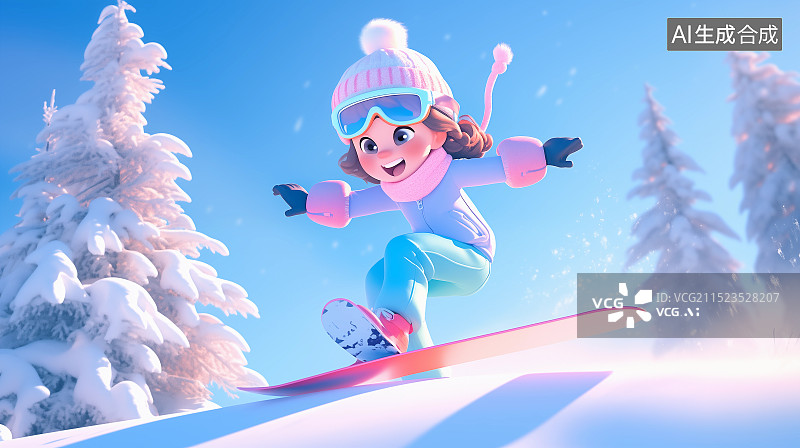 【AI数字艺术】3D冬季运动女孩在雪山中滑雪滑冰卡通插画图片素材