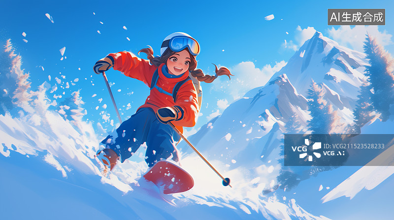 【AI数字艺术】3D冬季运动女孩在雪山中滑雪滑冰卡通插画图片素材