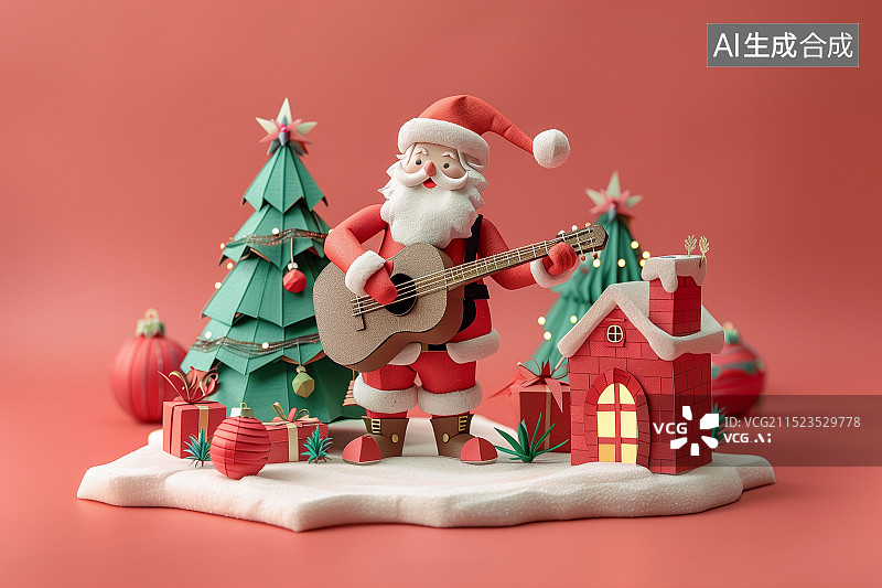 【AI数字艺术】3D折纸艺术：圣诞老人拿着吉他站在圣诞树旁弹奏着音乐，周围装饰着各种礼物盒和圣诞元素图片素材