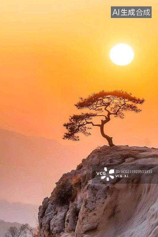 【AI数字艺术】夕阳下悬崖边的一棵树图片素材