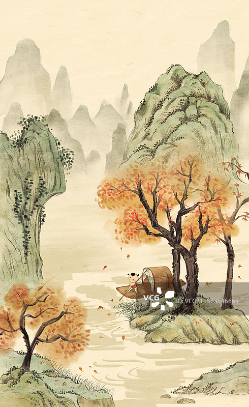 古风水墨小品小娃撑小艇图片素材