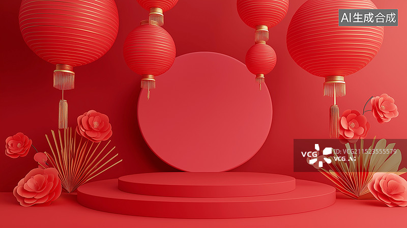 【AI数字艺术】春节喜庆红色产品展台图片素材